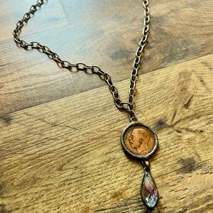 28"SILVER CHAIN NECKLACE WITH CRYSTAL & COIN CHARMS; MSRP $ 65.00; NEW